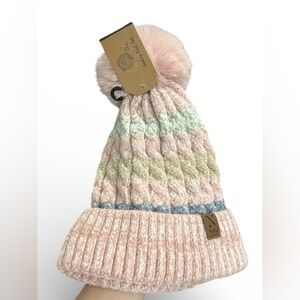 Cozy Knit Pom-Pom Beanie — Soft Pastel Stripes, Winter Hat, New